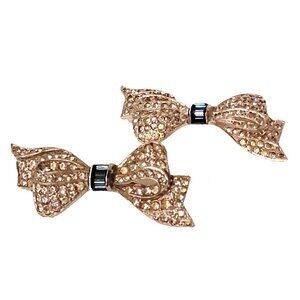 40s-50s Pair Ribbon Bow Scatter Pins Rhinestone Rhodium Pot Metal Brooch Set